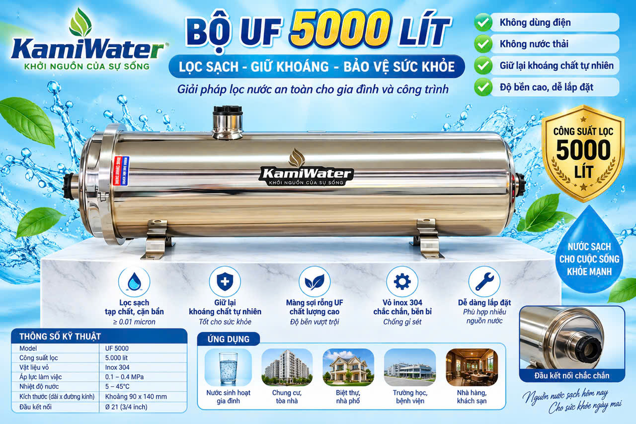 Bộ màng siêu lọc UF 5000lit lõi sợi PVDF vỏ inox 304 rời – Dễ dàng vệ sinh, tái sử dụng